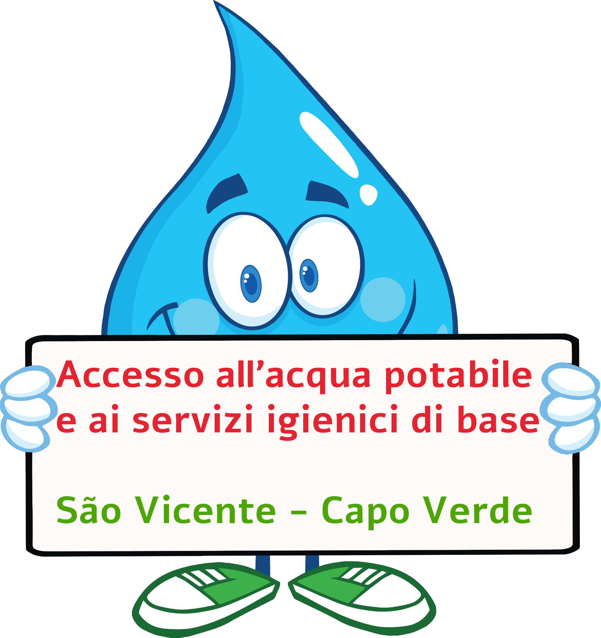 Clipart con una goccia d'acqua che regge un cartello con il titolo del progetto accesso acqua